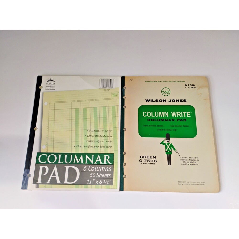 Set of 2 vintage accounting ledgers, both 6-column, 50 pages, green  New